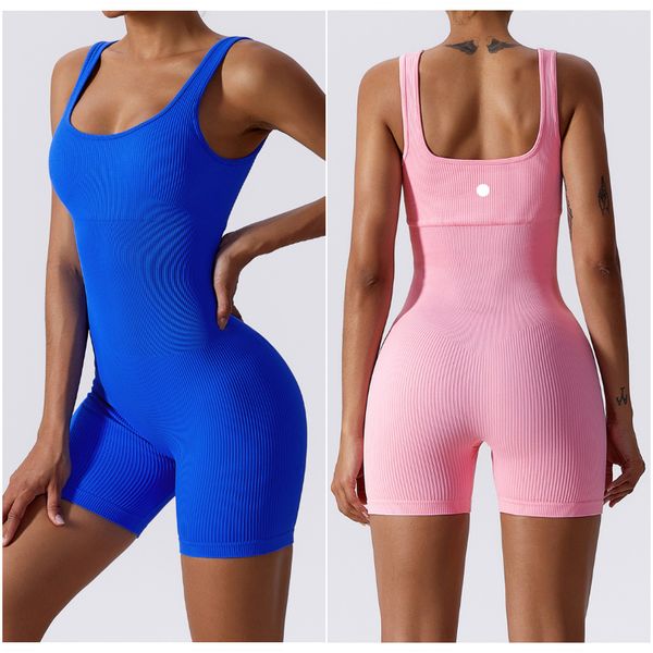 

LL-6982 Womens Yoga Outfits Jumpsuits Sleeveless Close-fitting Dance Sport Yoga Jumpsuit Leggings Shorts Breathable Screw Thread Material Jumpsuit Elastic, Black