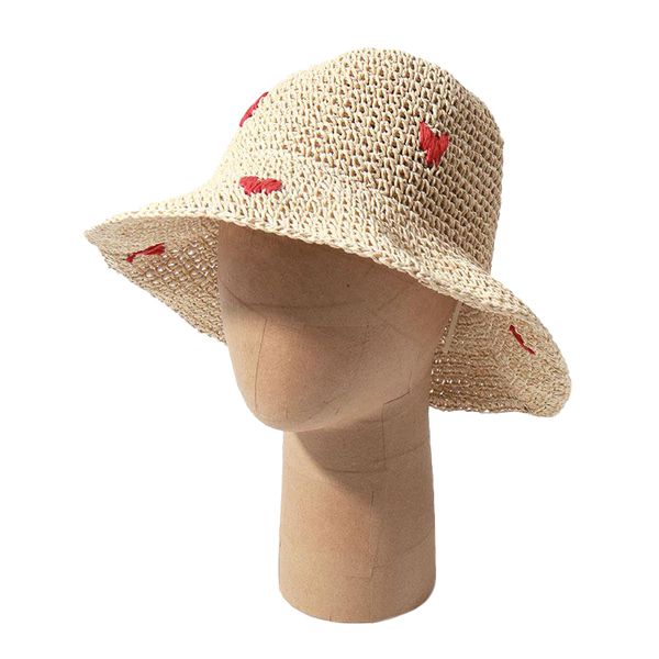 

women Sun Strawberry Heart Cherry Woven crochet Fisherman Hat Beach UV Protection Caps Fresh Bucket Breathable Straw Hat, Brown