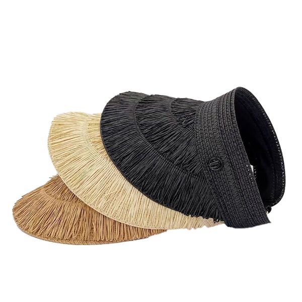 

women Spring Summer New Fashion Sun Visor Straw Hat Tassels Design Empty Top Outdoor Vacation Beach Caps, Brown