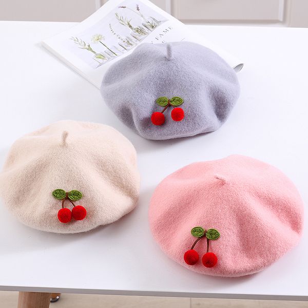

women Girl Children French Artists Painter Hat Wool Felt Casual Parent Kawaii Red Cherry Warm Beret Caps, Grey