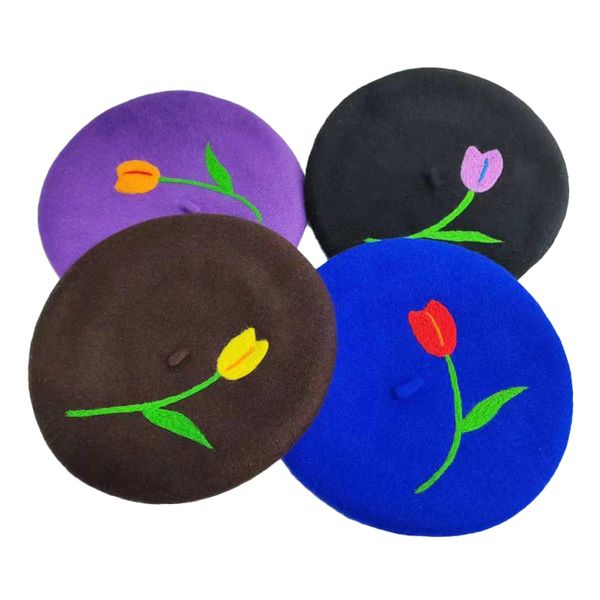 

female Girls Handmade Tulip Floral Wool Felt Vintage French Artist Painter Hat Original Beret Cap New, Black