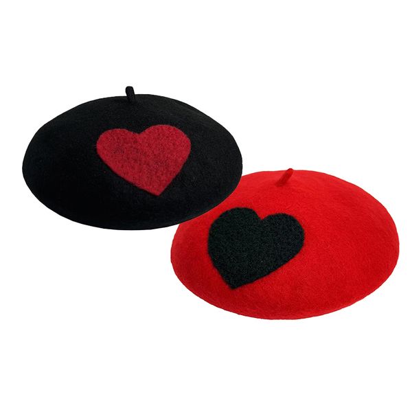 

ladies Handcraft Wool felt love heart design cute Funny painter Caps Beanie adjustable women sweet beret Hat, Red