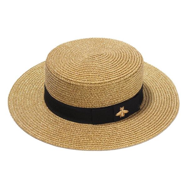 

spring Summer Fashion Sequins Sunscreen Paper Straw Hat Retro Flat Top Panama Sunshade Golden Boater Bee Beach Hat, Black