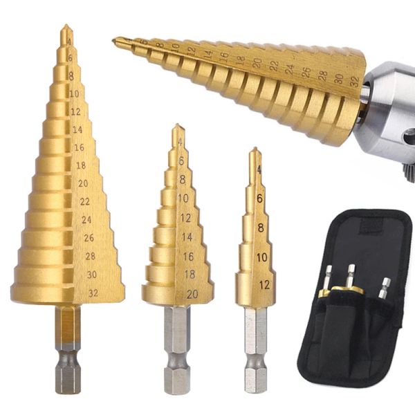 

Titanium Coated Step Drill Bit High Speed Steel Metal Wood Hole Cutter Cone Drilling Tool