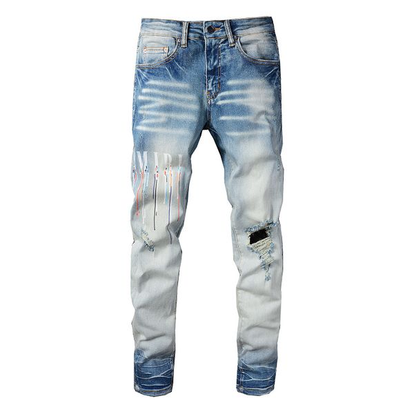 

Youth Street Casual Light Blue Slim Fit Printed Letters Brushed Holes Denim Jeans Amiryes Man 5XL Usa