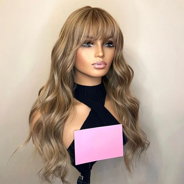 

New Loose Wavy Blonde Highlight Human Hair with Bangs 180 % Density Body Wave Synthetic Lace Front Wigs for Black Women, Ombre color