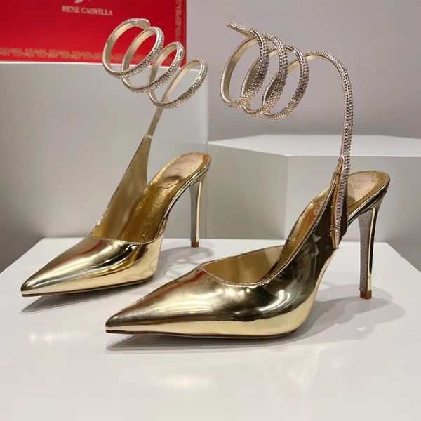 

rene caovilla sandals cleo gold pump 105mm Pointed Toes crystal encrusted Snake Strass Ankle Wraparound womens high heels Designer Stiletto Heel Evening shoes, Silver