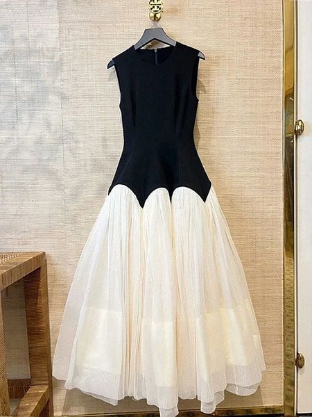 

Elegant Mesh Patchwork Dress For Women Color Block Vintage Sleeveless O-Neck A Line Women Summer in Evening Prom Vestidos 240115, Color match dress