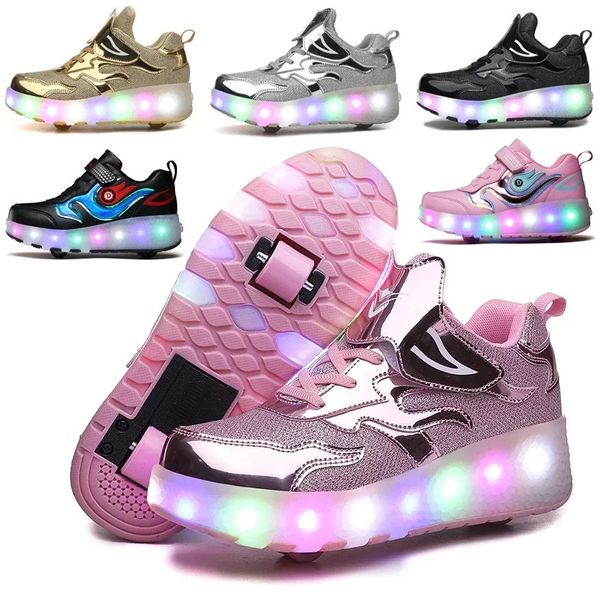 

Children Roller Skates Tow Wheels Shoes Glowing Fashion Children Sport Shoes Casual Skating USB LED Light Sneakers for Kids 240116, Blue