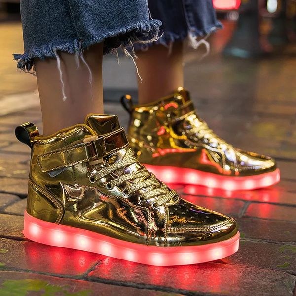 

Brand Kids High-tops Lights Up Shoes USB Charger Basket LED Children Shoes Trendy Kids Luminous Sneakers Sports Tennis Shoes 240116, Black