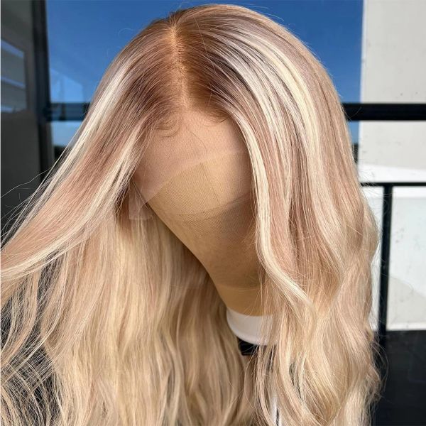 

Blonde Light Highlights Full Lace Front Human Hair Wigs for Women 13x4 HD Lace Frontal Wig Roots Loose Wave Synthetic Wig PrePlucked Middle Part al, Lace front wig