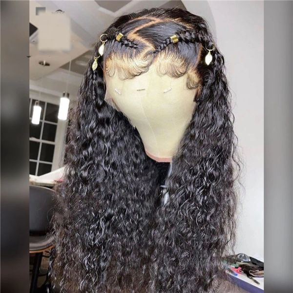 

200% Density 13x4 Lace Frontal Water Wave Human Hair Wigs for Women 30inch Indian Remy Natural Black Glueless Synthetic Curly Lace Front Wig, Medium brown