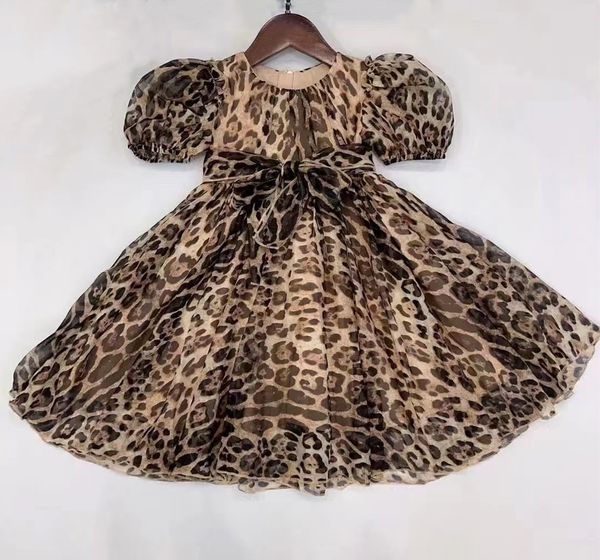 

2024 Kid Girl Leopard Patchwork Dress, Short Sleeve Round Neck Bowknot Decoration Dress 90-150, Brown