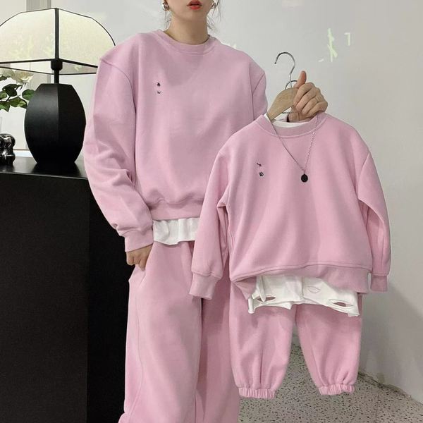 

Childrens autumn parent-child hoodie pink embroidery trend for girls casual pullover round neck two-piece clothes set CSD2401174-6, Beige