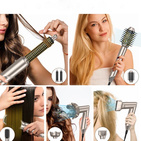 

6-In-1 Folding Hair Hot Brush with Negative Ions for Fast Drying and Air Curg Wand High-Speed Blow Dryer, Black
