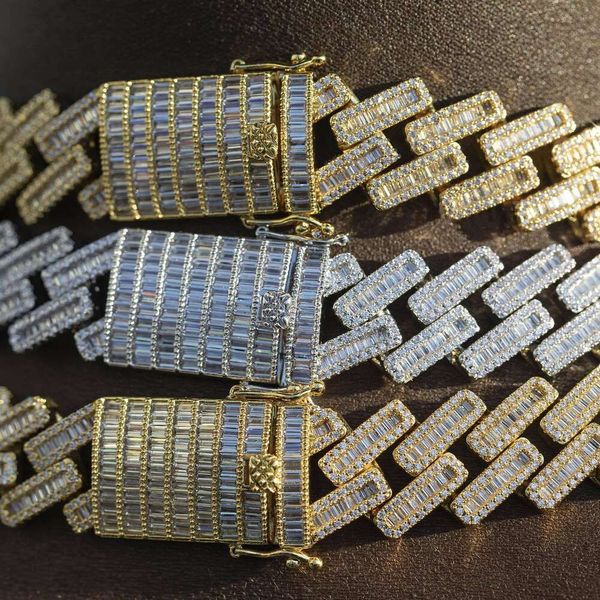 

S Hip Hop Jewelry 12Mm Baguette Diamond Necklace Gold Plated VVS Moissanite Bracelet Sier Iced Out Cuban Link Chain
