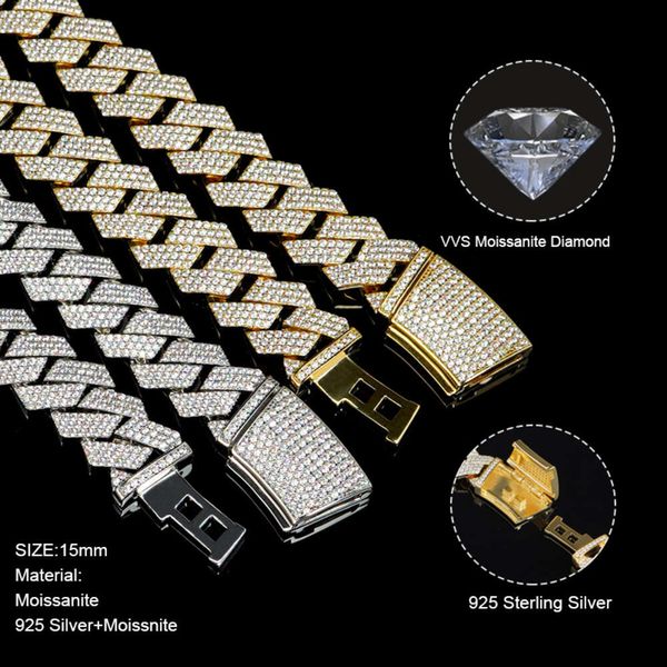 

Vvs Moissanite Diamonds Pass Tester Miami Cuban Chain 15Mm Sterling Sier Fine Quality Box Clasp Hiphop Necklace