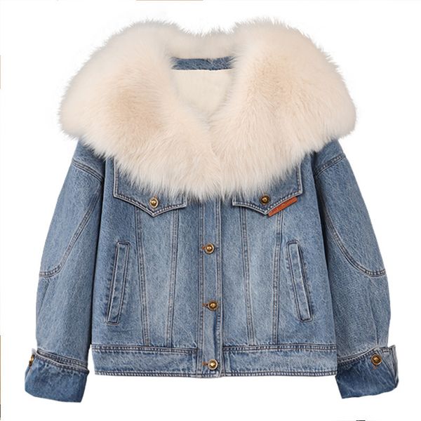 

OC468M36 Winter Women's Down Jacket Denim Long Sleeved Jacket Fashionable Style of Fox Collar White Goose Down Fur, 468m36