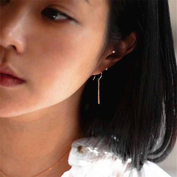 

Long 14K Gold Genuine Drop Bar Modern Diamond Dangle Earrings