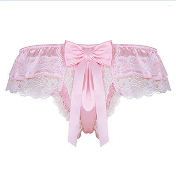 

Underpants Men Lace See-Through Sissy Panties Sexy Satin G-String Thong U Convex For Man Briefs Breathable Gay Bikini Underwear, Wine red