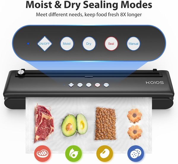 

KOIOS Vacuum Sealer Machine, KOIOS Automatic Food Sealer with Cutter, Dry & Moist Modes, Compact Design Powerful Suction Air Sealing System with 10 Sealing Bags.