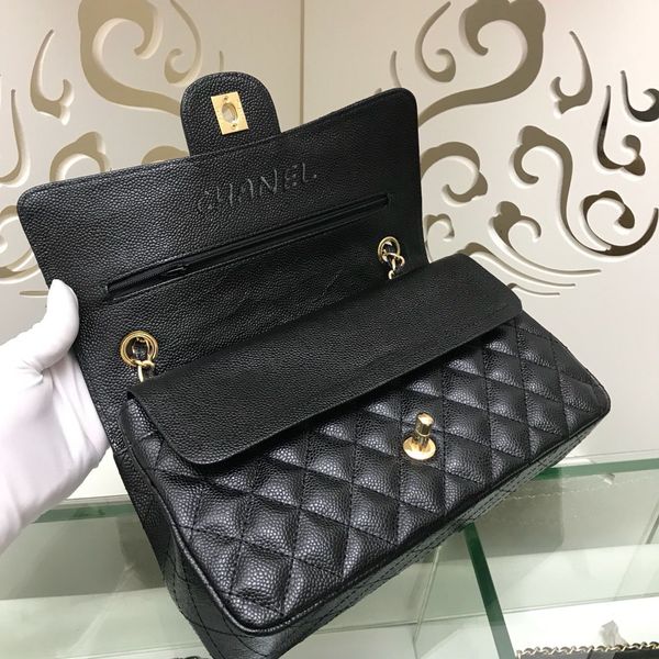 

Kids Handbags 25CM Top Quality Medium Size Luxury Ladies Crossbody Bags (With Original Box) Classic Grained Calfskin With Gold Toned Metal Women Handbag, Cowhide gold chain