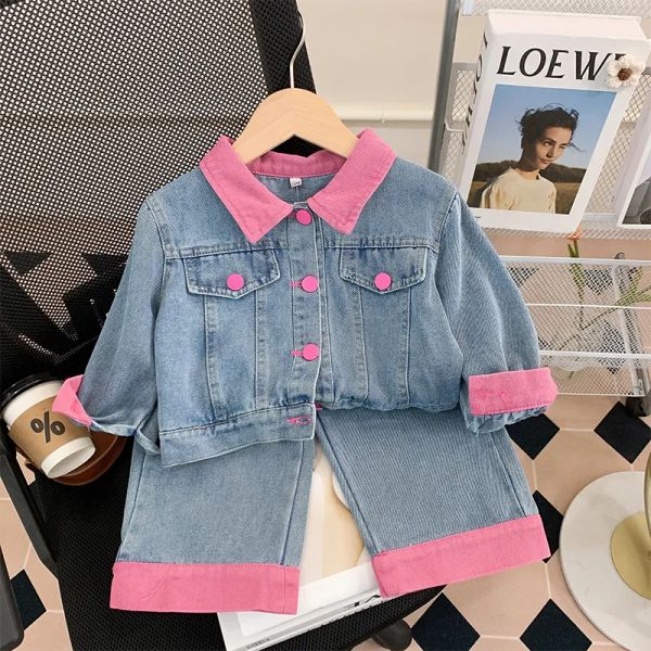 

baby Clothing Sets 2pcs Girls Jean Coat Contrast Lapel Collar Long Sleeve One Breasted Denim JacketsElastic Waist Straight Jeans Kids Suits CHG2401197-12, Pink