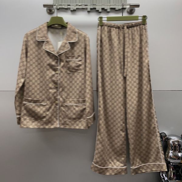 

Designer Women's Tracksuits Letters Full Print Logo Vintage Pajamas Style Silk Long Sleeve Shirt Drawstring Elasticated Waist Trousers 2 Piece -1Set, Brown