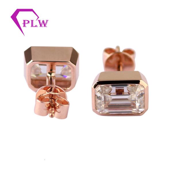 

New Rose Gold Bezel Setting Emerald Cut Moissanite Earrings