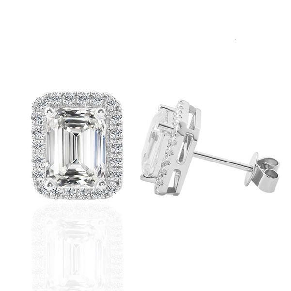 

4Ctw Big Size Emerald Cut Colorless White Moissanite Stud Earrings With Halo Dainty Gold Jewelry