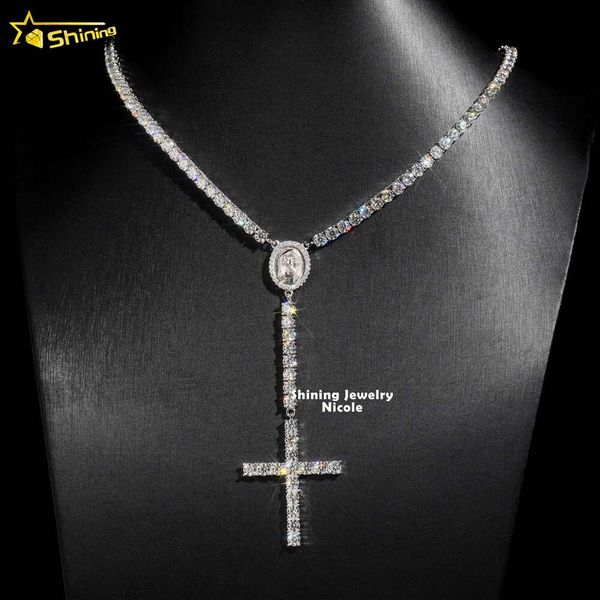 

Hip Hop Fashion Trendy D VVS Moissanite Diamond 4Mm Rosary Cross Necklace Sier Tennis Chain