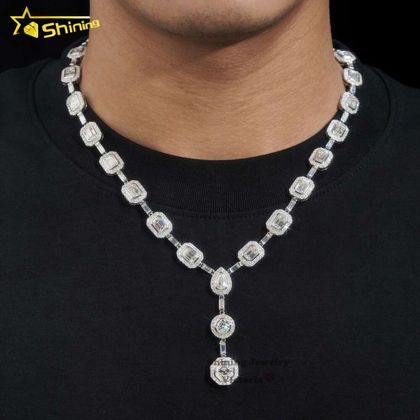 

Luxurious Party Jewelry Gift Iced Out Sterling Sier Round Baguette Moissanite Diamond Cluster Tennis Chain Necklace