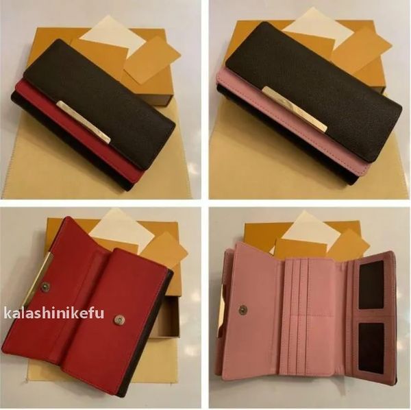 

6A Luxurys Designers fashion Genuine Leather Folding Wallet Cute Coin Purse Women's Credit Card Holder Top Quality, Brown flowers and red