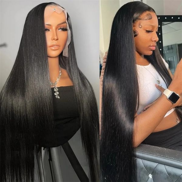 

360 Full Lace Wig 30 32 36 Inch Brazilian Bone Straight 13x4 13x6 Transparent Lace Front Human Hair Wigs for Women Pre Plucked, Black