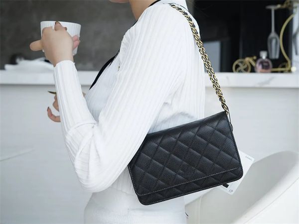 

10A Retro Mirror Quality Designers Wallet On Chain Bag Mini 19cm Flap Quilted Black Purse Womens Real Leather Caviar Lambskin Handbag Shoulder Box Bag With Card Holde, Black caviar