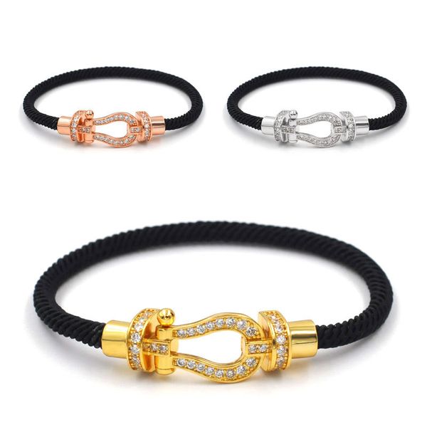 

High-grade fashion horseshoe buckle diamond inlaid non-elastic leather cord luxury designer bracelet three-color U-shaped buckle bracelet men's models 24 colorways