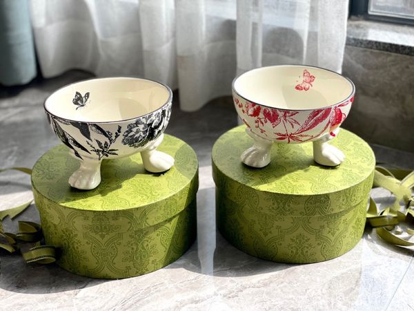 

Ceramic Pet ral Butterfly Pattern Anti-Knock Cat Dog Bowl, Beige