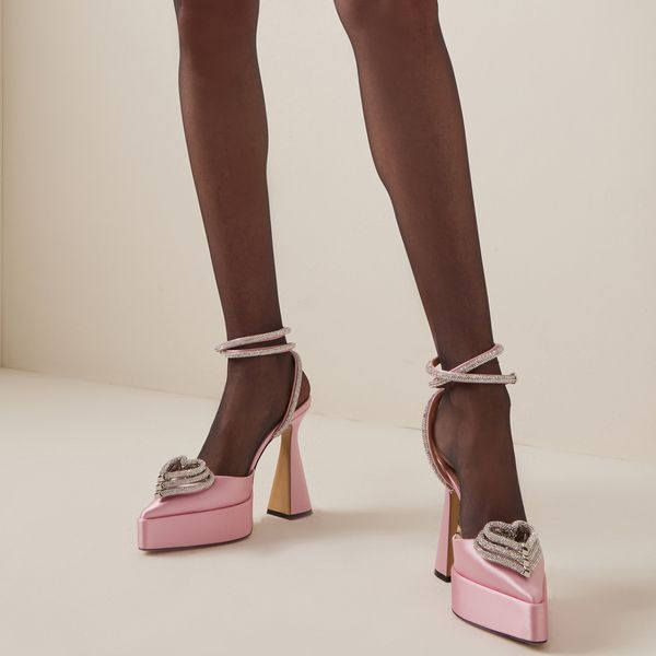 

Mach silk Triple Heart Heels Crystal Embellished in point toe hearts detail and ankle strap chunky Heel pumps shoes womens Luxury Designers factory footwears, Yellow