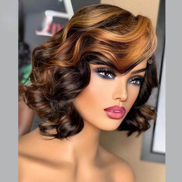 

Brazilian Honey Blonde Highlight Body Wave Human Hair Bob Lace Wigs Glueless Wet Wavy Body Wave Short Lace Front Wig Synthetic Preplucked, Customize