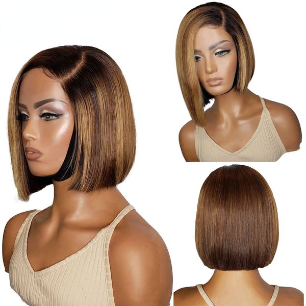 

Brazilian Short Straight Colored Bob 13X4 Lace Front Human Hair Wigs Highlight Brown Synthetic Lace Closure Pre Plucked with Baby Hair for Women, Natural color