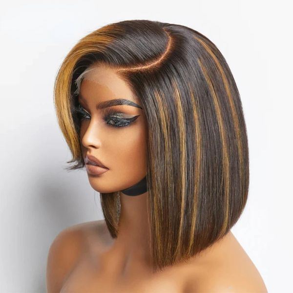 

14 Inch Highlight Brown Short Bob Human Hair Wig 180 Density Bone Straight 13x4 Transparent Synthetic Lace Front Wig for Black Women