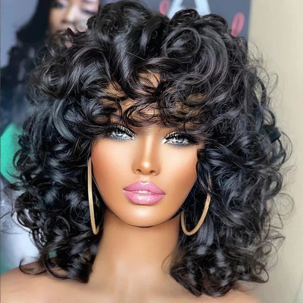 

180density Brazilian Short Bouncy Bob Afro Funmi Wigs with Bang Rose Curly Simulation Human Hair Wig for Black Women, Ombre color