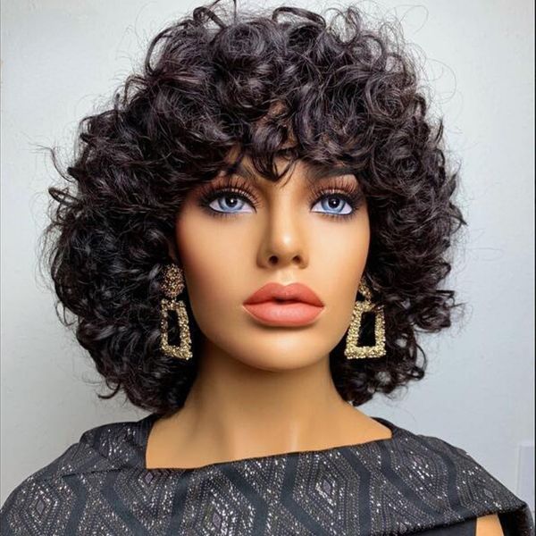 

Mogolian Afro Funmi Wigs Short Bouncy Bob with Bang Rose Curly No Full Lace Simulation Human Hair Wig for Black Women, Black color like picture show