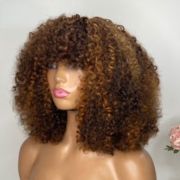 

Highlight Brown Color Short Pixie Curly Bob Cut Simulation Human Hair Wigs with Bangs Weat to Go Jerry Curly Wig Highlight Colored Wigs for Women, Brown color like picture show