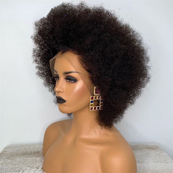 

Short Mongolian Afro Kinky Curly Wig Pre Plucked 360 Lace Frontal Wigs Human Hair for Black Women Synthetic Lace Wig 180density, Black color like picture show