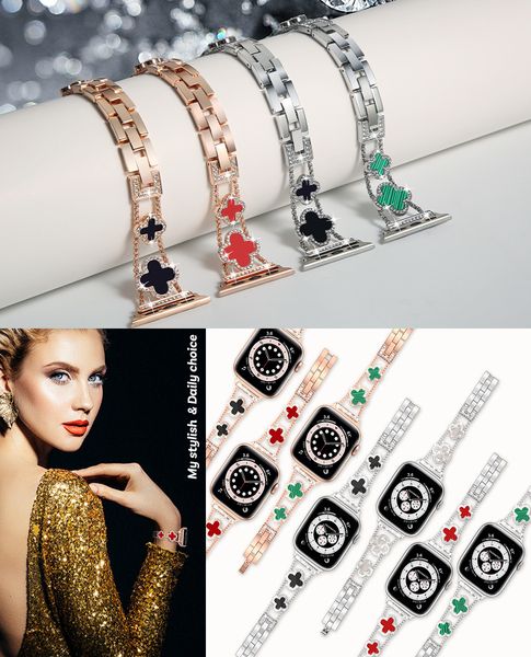 

Leaf Clover Four Smart Straps Women Cuban Chain Rhinestone Replacement StrapDiamond Band strap for Apple Watch 49mm 38mm 41mm 42mm 44mm 45mm iWatch Series 9 8 7 i