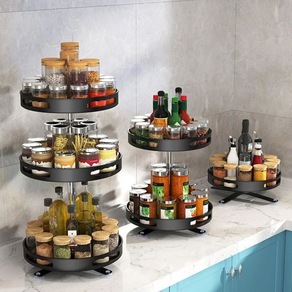 

360°Rotation Spice Rack Organizer Non-Skid Carbon Steel Storage Tray Seasonings And Spices Jar Cans For Kitchen Accessories 240122