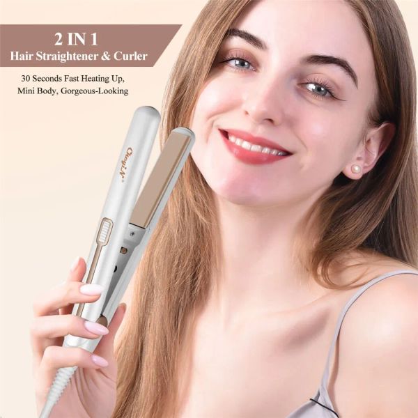 

CkeyiN 20mm 2-in-1 Hair Straightener & Curler: Thermostatic Fast Heating Ceramic Plate Flat Iron Curg Wand for Travel, Home, Salon, White