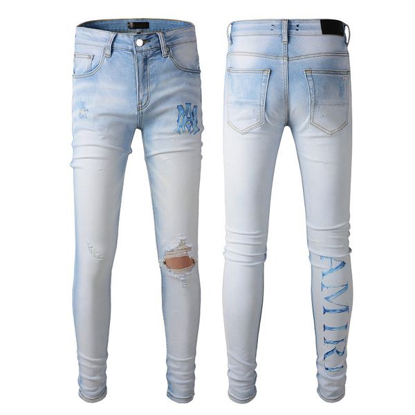 

Hip Hop Youth Blue Denim Washed Trousers Women Digital Printed Letter Amiryes Hole Stretch Skinny Jeans For Man Plus Size