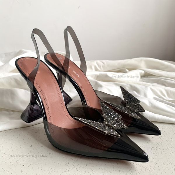

Amina Muaddi crystal-embellished heel pumps Wedding Evening shoes brightly butterfly Genuine leather sole Slingback sandals PVC womens Luxury Designer, Black